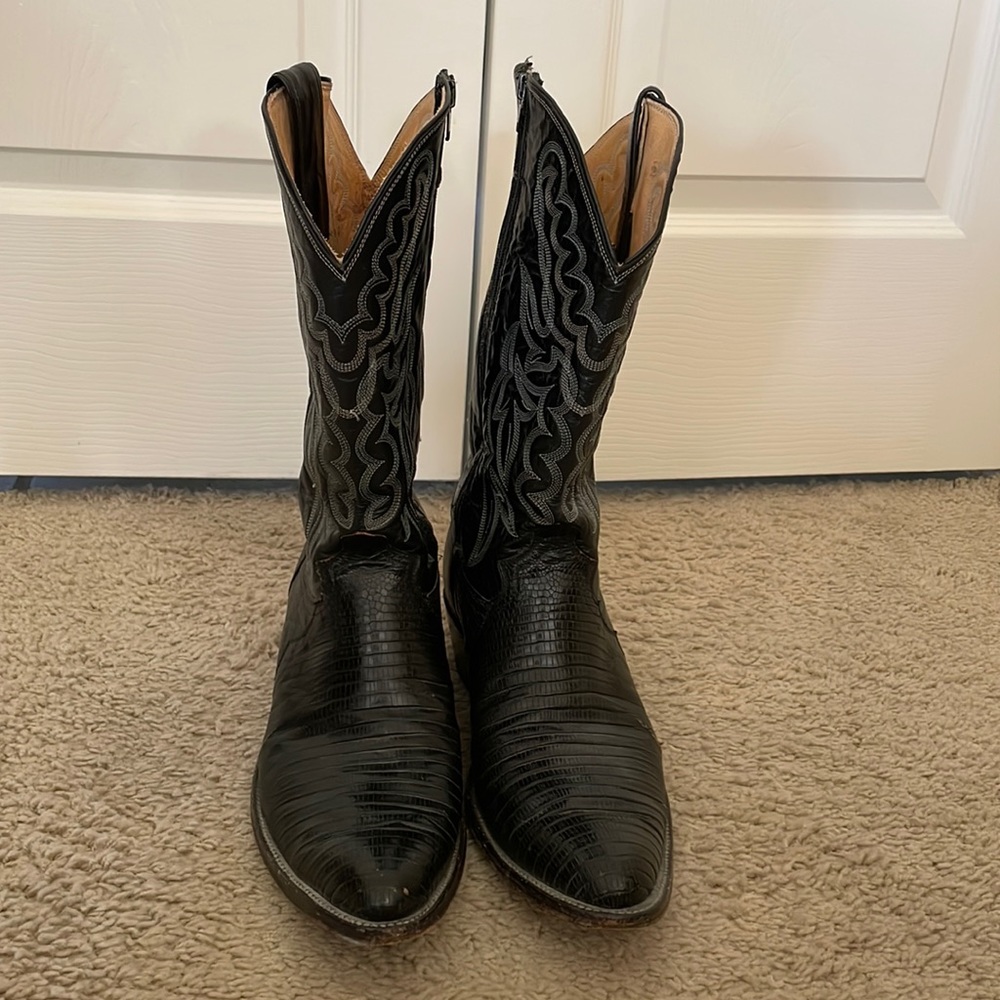 Black Justin boots with zipper, size 11, broken in, lizard skin, tan interior